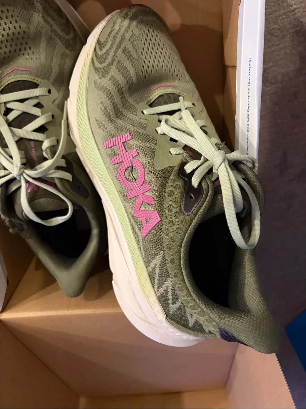 Hoka Olive Green Running Shoes with Pink Logo Accent